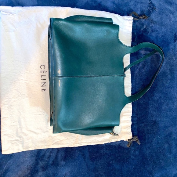 Celine Tri-Fold Satchel Medium Handbag Dark Green/Teal - Picture 1 of 8